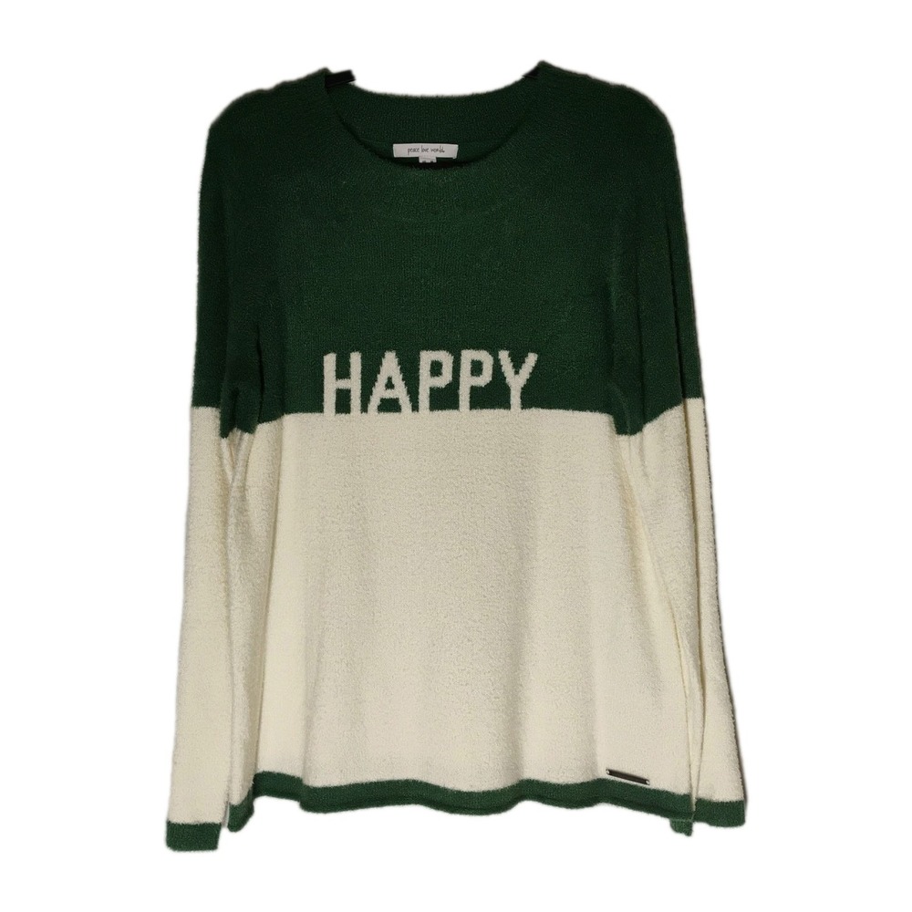 NWOT Peace Love World Womens MEDIUM Soft HAPPY Sweater Green/White